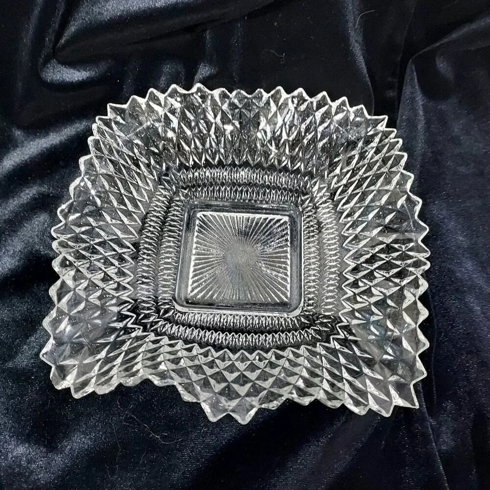 Clear Depression Glass Diamond Cut Candy Dish Candle Holder Sawtooth Edges Set 3 - Picture 2 of 12